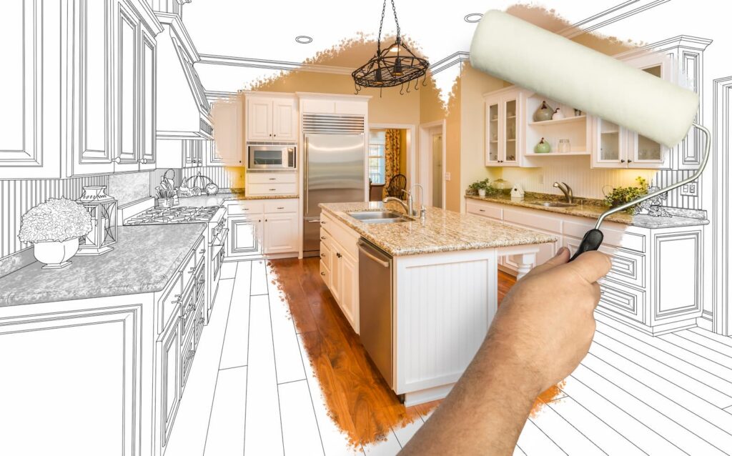 A hand holding a paint roller "painting" a finished, modern kitchen over a black-and-white line drawing sketch of the same room.
